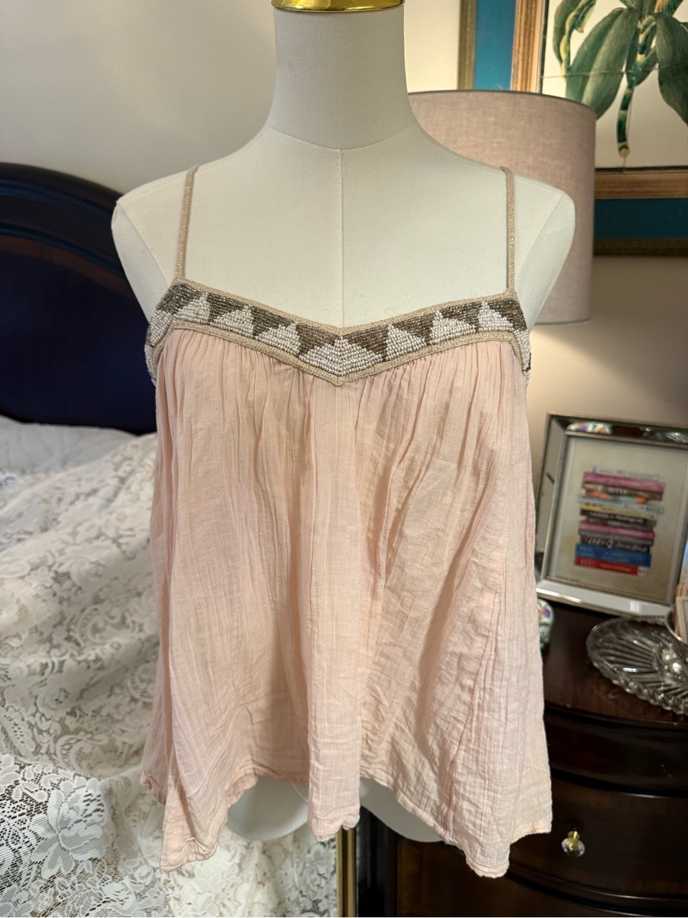 Vintage American Eagle Outfitters Light Pink Beaded Spaghetti Strap Camisole Top